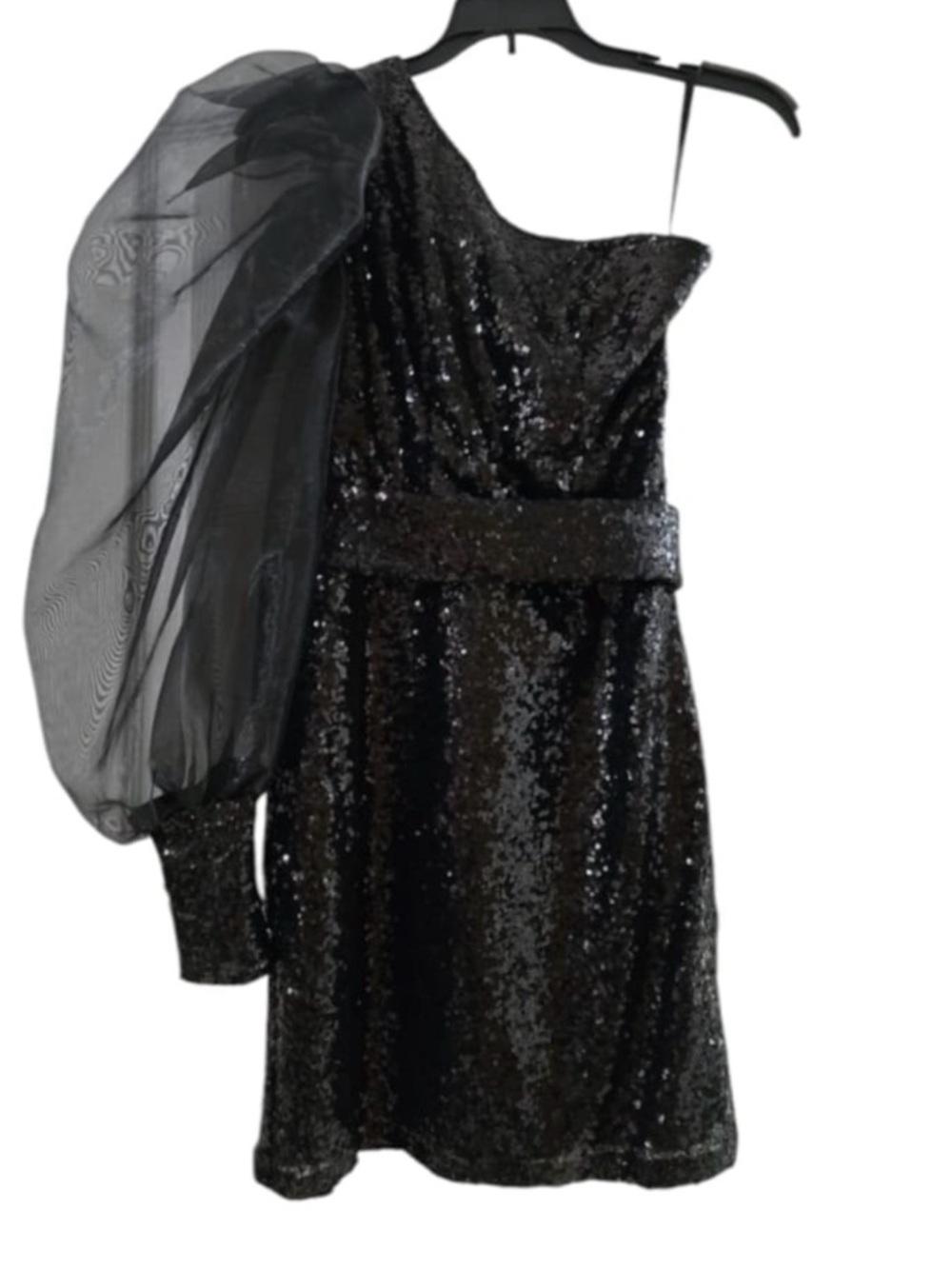 Black One-Shoulder Sequin Dress with Dramatic Puff Sleeve